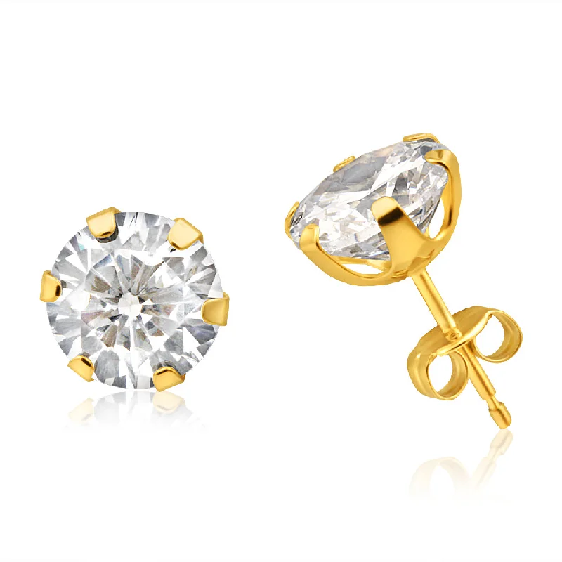 drop earrings for women -9ct Yellow Gold Cubic Zirconia 8mm 6 Claw Stud Earrings