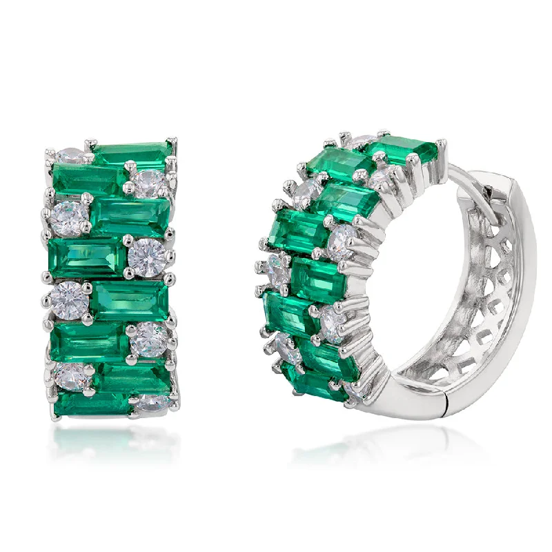 flower stud earrings for women -Sterling Silver Rhodium Plated Emerald Green And White Cubic Zirconia Hoop Earrings