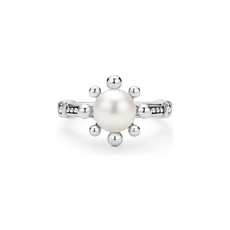 platinum rings for women -Lagos Sterling Silver Luna Fleur Pearl Ring