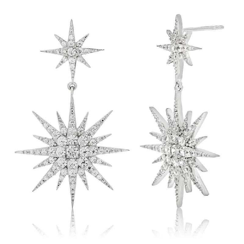 gold dangly earrings for women -Sterling Silver Rhodium Plated Starburst Cubic Zirconia Drop Earrings