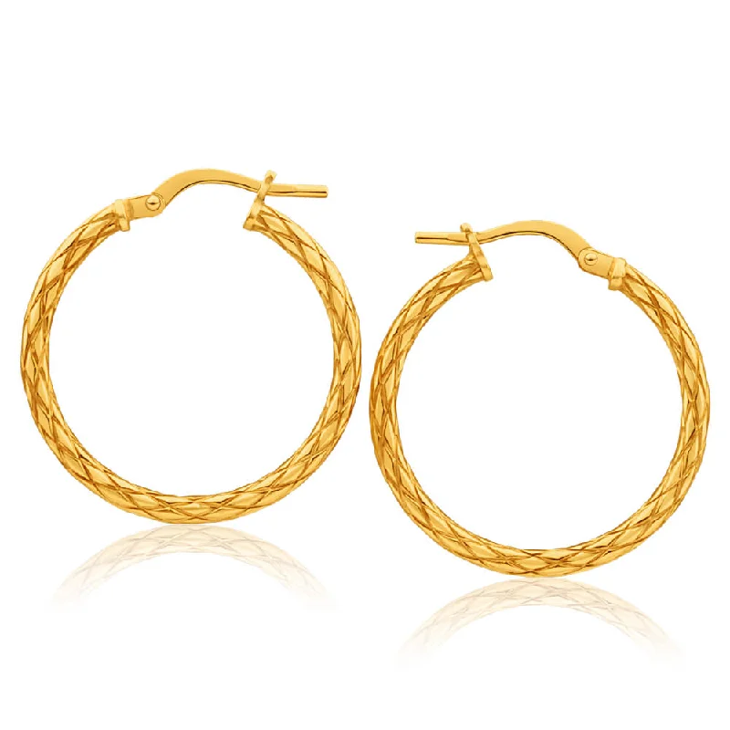 boho earrings for women -9ct Yellow Gold Silver Filled Patterned 20mm Hoop Earrings