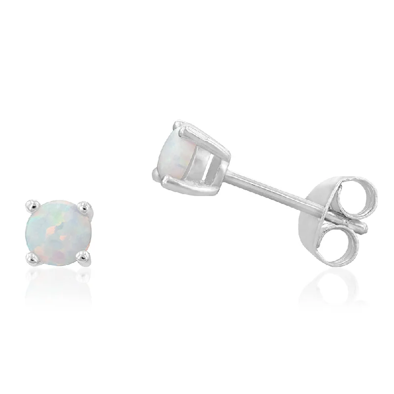 diamond earrings for women -Sterling Silver Rhodium Plated 4mm White Opal Stud Earrings