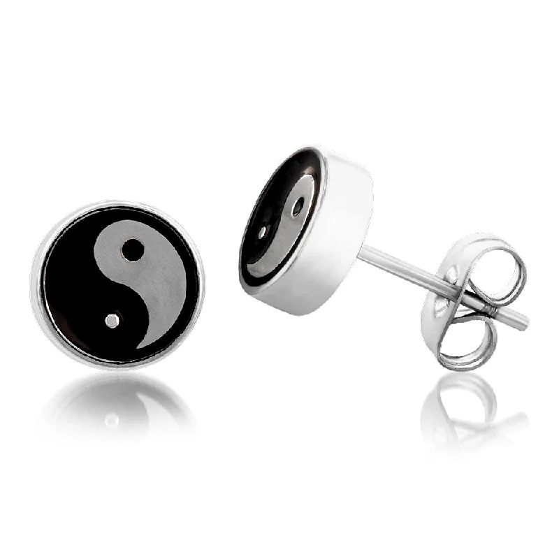 boho chic earrings for women -Stainless Steel Ying Yang 8mm Stud Earrings