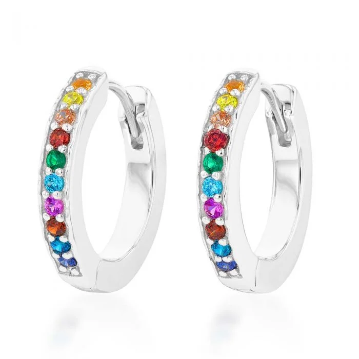 hoop earrings with charms for women -Sterling Silver Rainbow Multicolour Cubic Zirconia Hoop Earrings