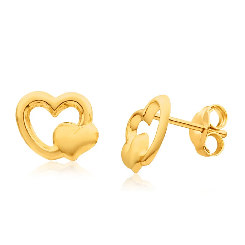 star earrings for women -9ct Yellow Gold Double Heart Stud Earrings