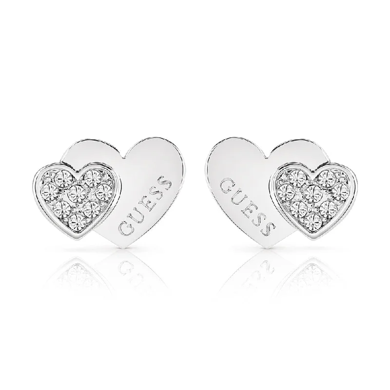 gold-plated hoop earrings for women -Guess Stainless Steel Double Heart Pave Stud Earrings