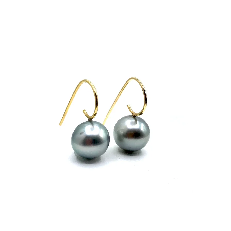 natural stone earrings for women -Grey Blue Tahitian Pearl Earrings in 14 Karat Yellow Gold