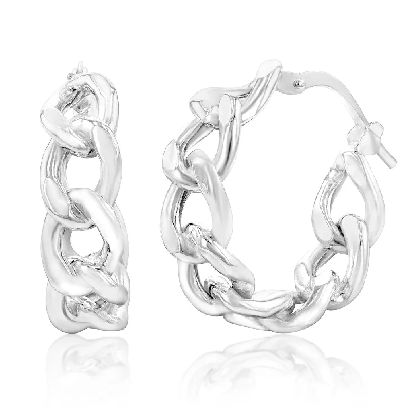 engraved earrings for women -Sterling Silver Curb Link Hoop Earrings