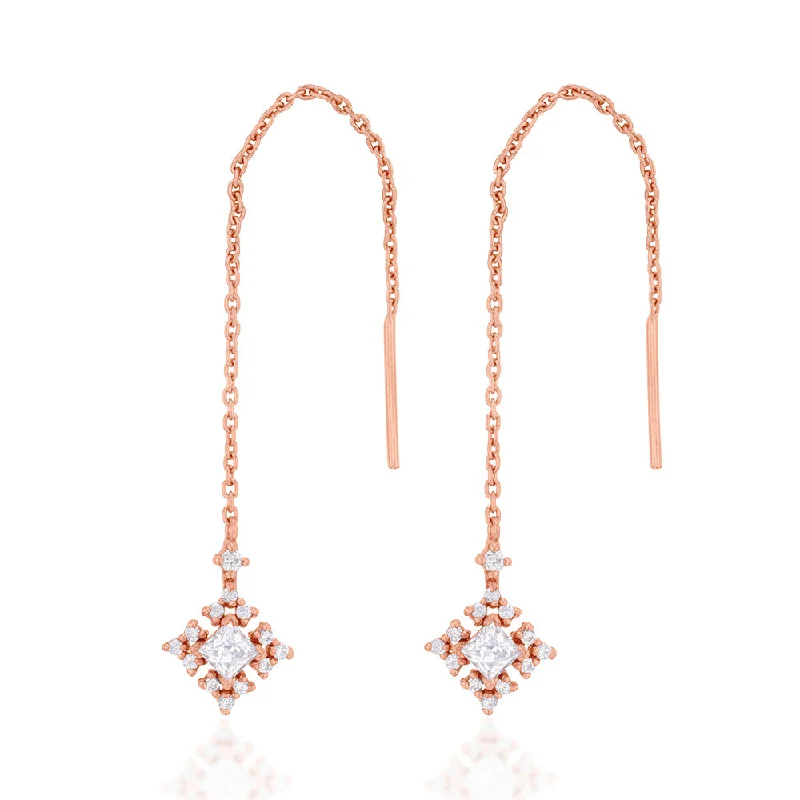 leaf earrings for women -Sterling Silver Rose Gold Plated Cubic Zirconia On Snowflake Threader Earrings