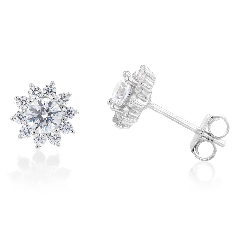 simple earrings for women -Sterling Silver Cubic Zirconia Flower Stud Earrings