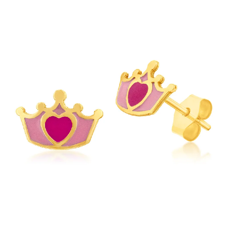 layered earrings for women -9ct Yellow Gold Red Heart On Crown Stud Earrings