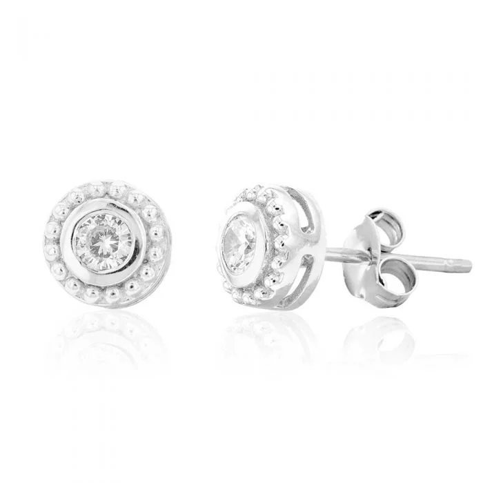 vintage earrings for women -Sterling Silver Rhodium Plated White Cubic Zirconia Halo Stud Earrings