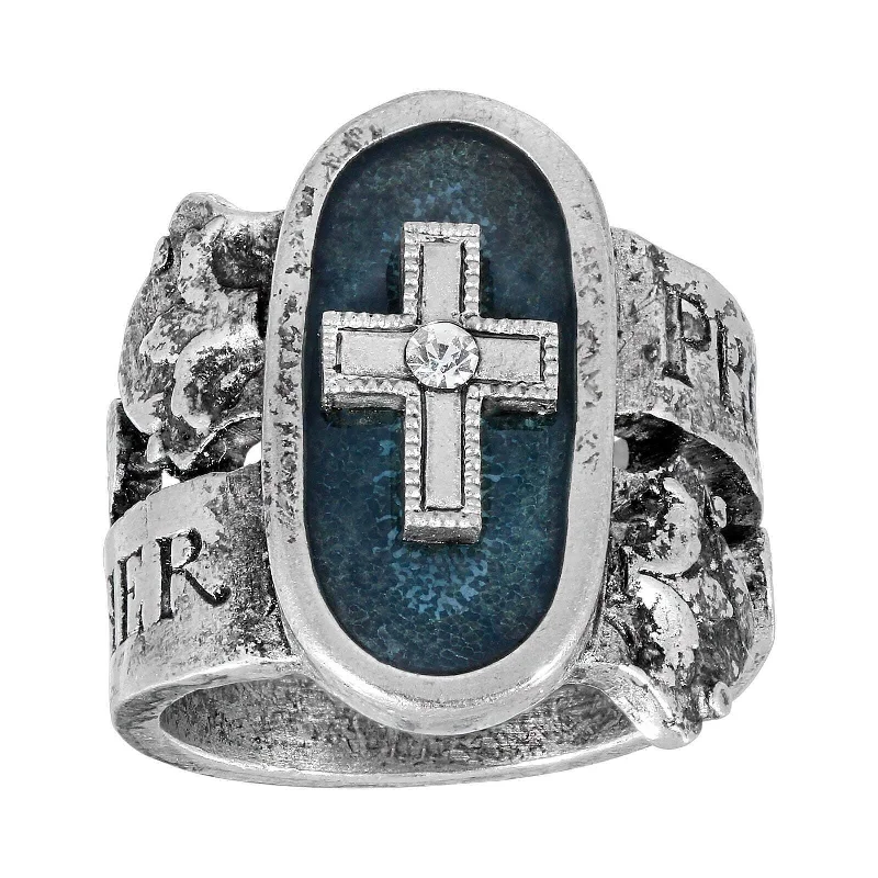 open rings for women -Symbols Of Faith Blue Enamel Cross & Crystal "Protect Us Holy Mother" Ring