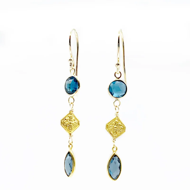 statement earrings for women -Blue Topaz 14 Karat Yellow Gold Bezel set with 18 Karat Yellow Gold Filigree Earrings