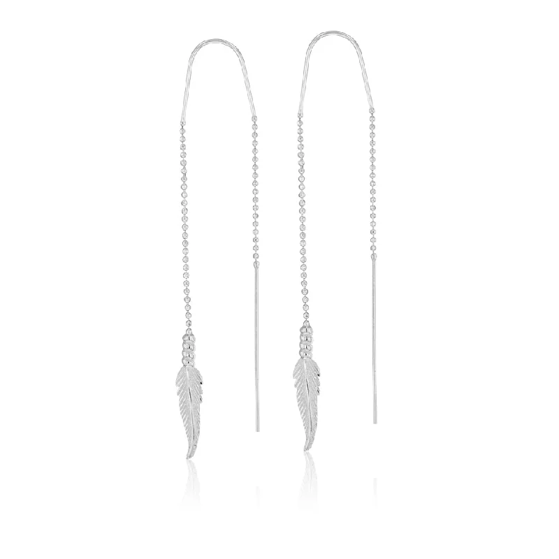 geometric gold earrings for women -Sterling Silver Feather Threader Earrings