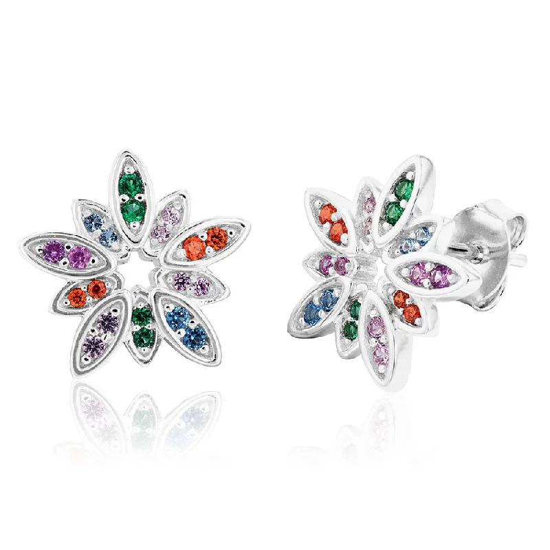 fancy earrings for women -Sterling Silver Rainbow Multicolour Cubic Zirconia Flower Stud Earrings