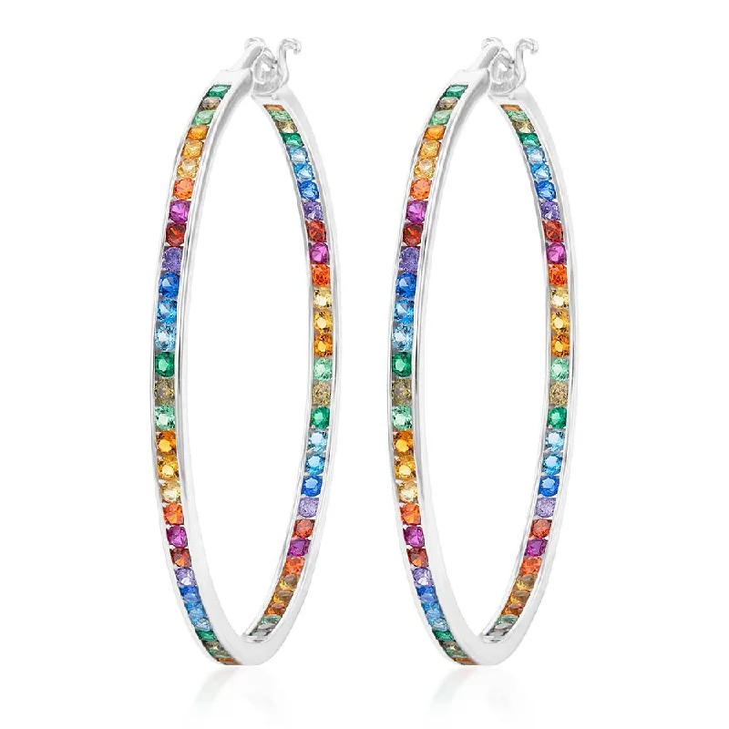 gold dangly earrings for women -Sterling Silver Multicolour Rainbow Cubic Zirconia 50mm Hoop Earrings