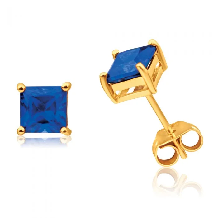 fashion-forward earrings for women -9ct Yellow Gold Created Sapphire 5mm Princess Cut Stud Earrings