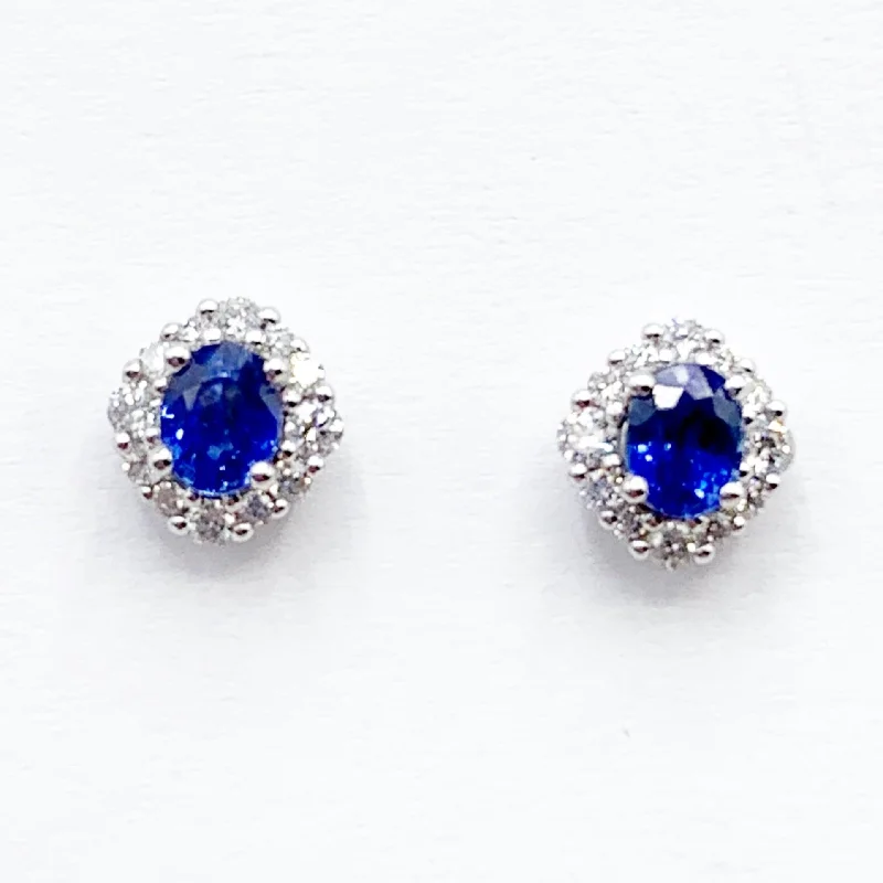 round earrings for women -Deep Blue Sapphires in a Halo of Diamonds and Winter White Gold