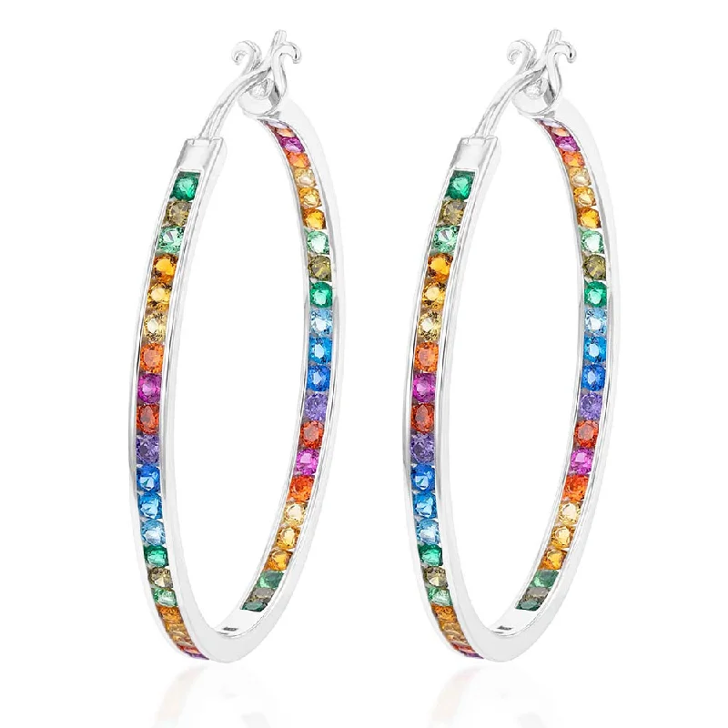 vintage-inspired earrings for women -Sterling Silver Multicolour Rainbow Cubic Zirconia 40mm Hoop Earrings