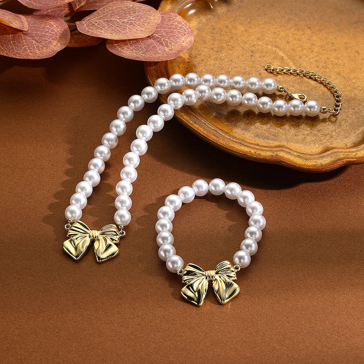 N2403-T2 Bow Pearl Necklace, Bracelet Set