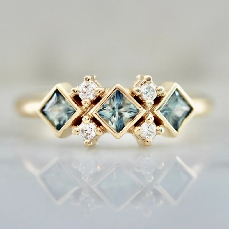 halo engagement rings for women -Double Dutch Light Blue-Green Princess Cut Sapphire & Diamond Ring