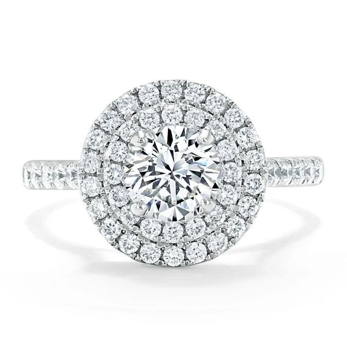 unique engagement rings for women -Round Cut Moissanite Double Halo Engagement Ring, Tiffany Style