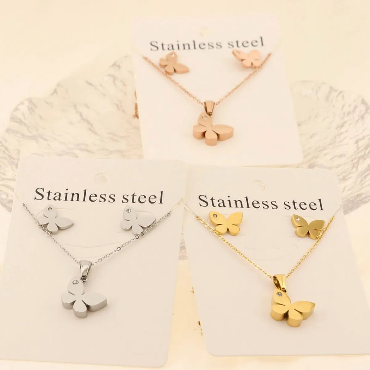 romantic bracelets for women -Titanium Steel 18K Gold Plated Elegant Simple Style Butterfly Bracelets Earrings Necklace