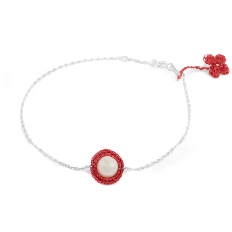 zodiac bracelets for women -Red Hand Crocheted and Pearl Bracelet by Atelier Godolé