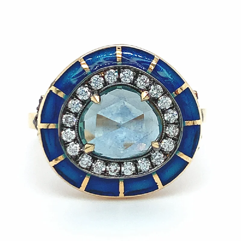 radiant cut engagement rings for women -Montana Sapphire, Diamond, & Enamel Ring - "Rock Candy Ocean Mosaic"