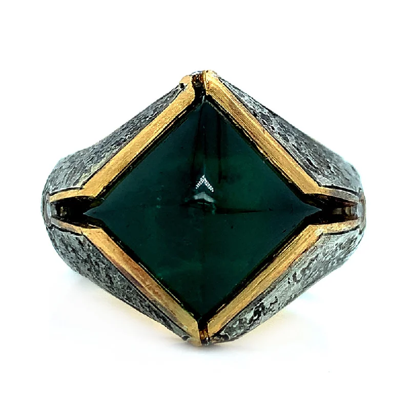 engagement rings with colored diamonds for women -Green Tourmaline Sugarloaf & Diamond Domed Ring - "Glade"