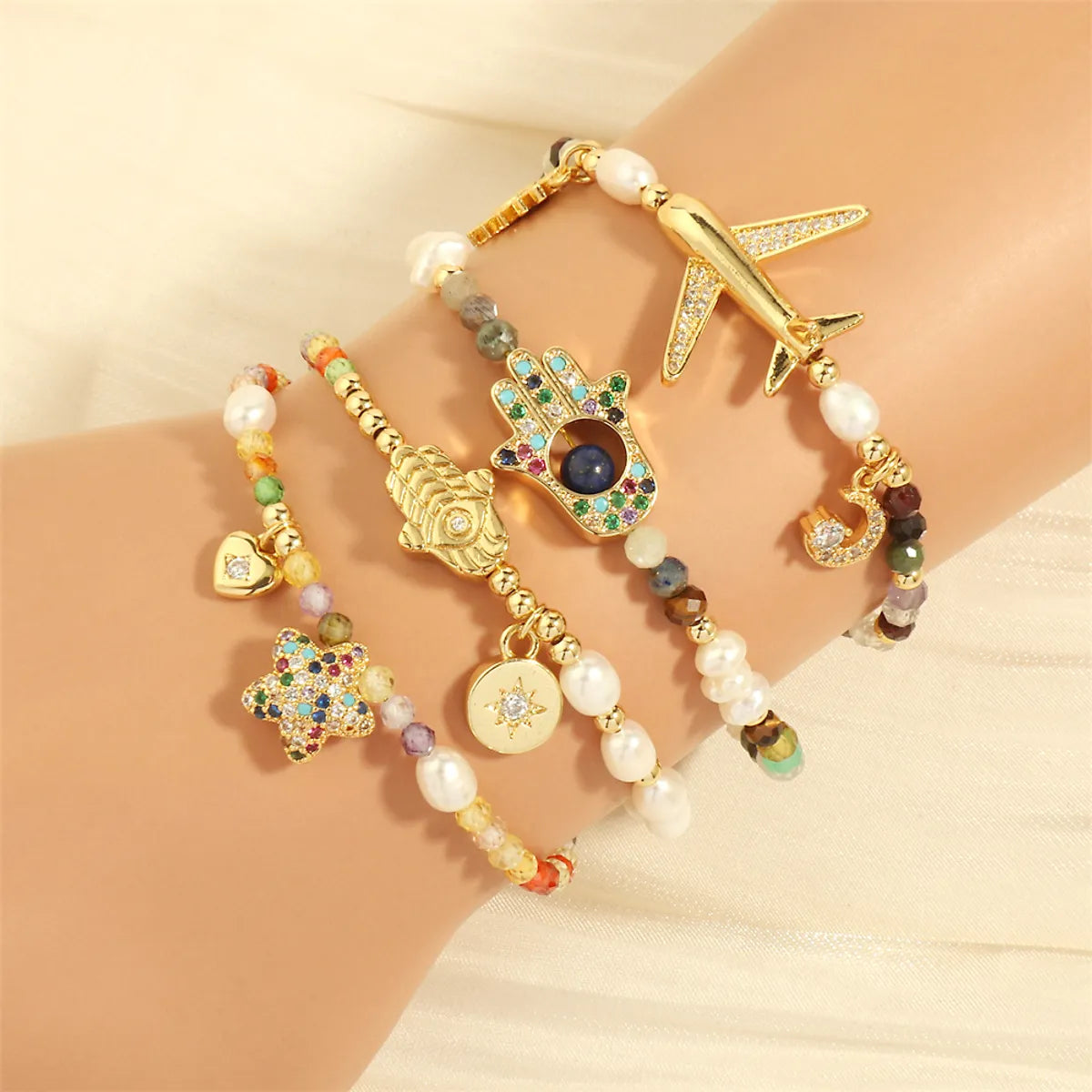 gold chain bracelets for women -Bohemian Pentagram Hand Of Fatima Airplane Artificial Gemstones Freshwater Pearl Copper 18k Gold Plated Zircon Bracelets In Bulk