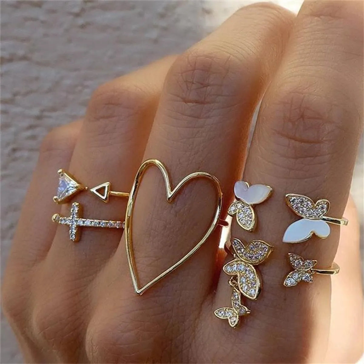 art deco engagement rings for women -Simple Cross Heart Hollow Diamond Butterfly 5-Piece Ring Set