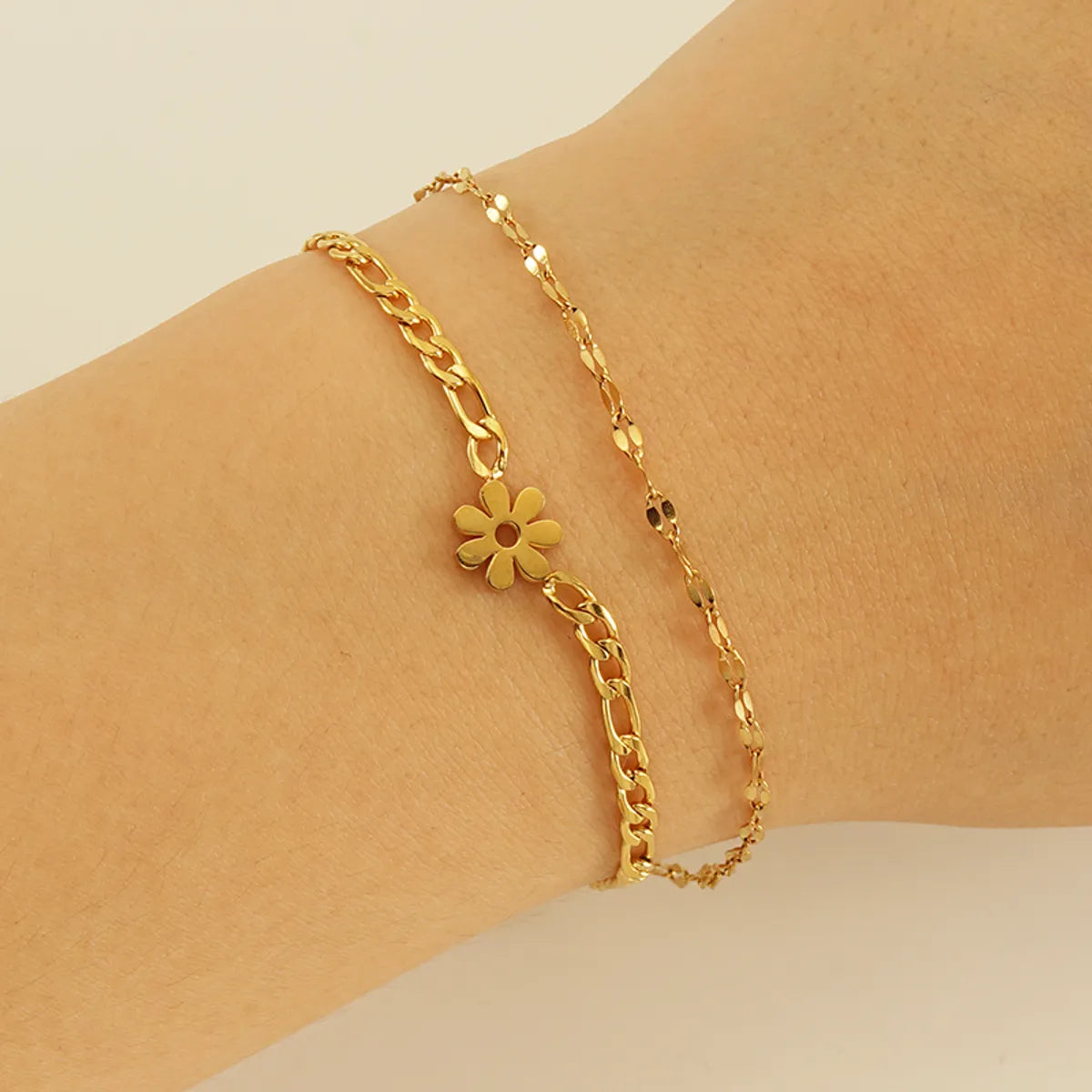 engraved bracelets for women -Casual Sweet Flower Stainless Steel Layered Plating 18k Gold Plated Bracelets