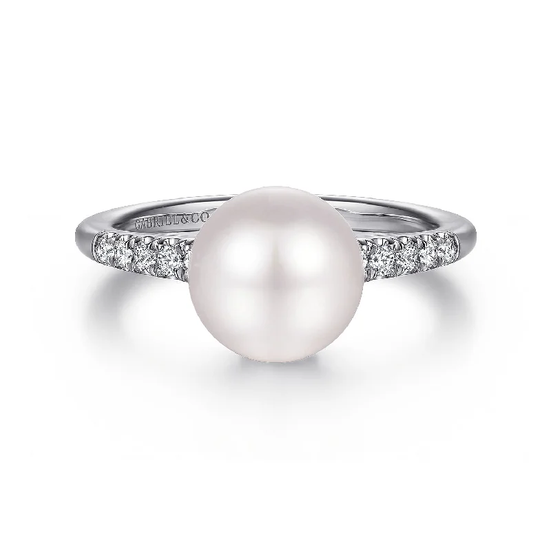 romantic engagement rings for women -14K White Gold Classic Cultured Pearl Diamond Ring