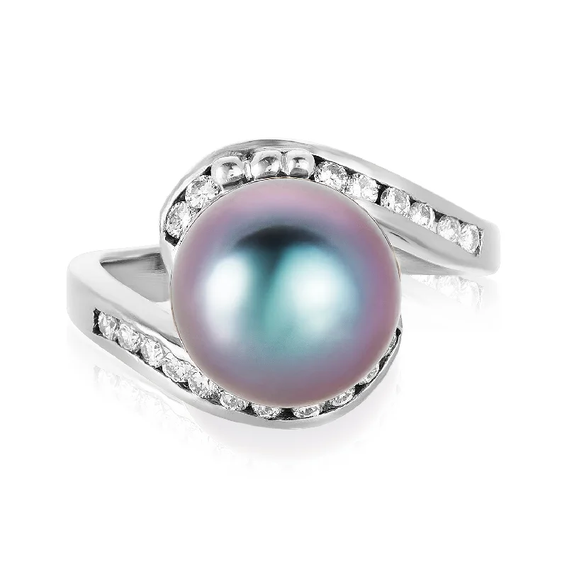 platinum engagement rings for women -Tahitian Pearl Bypass Diamond Ring