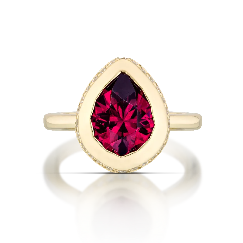 vintage style engagement rings for women -Pear shape Rhodolite & diamond ring