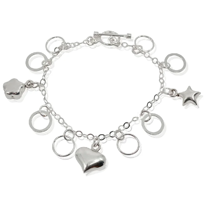 adjustable leather bracelets for women -Silver Heart and Star Charm Bracelet from Taxco, Mexico