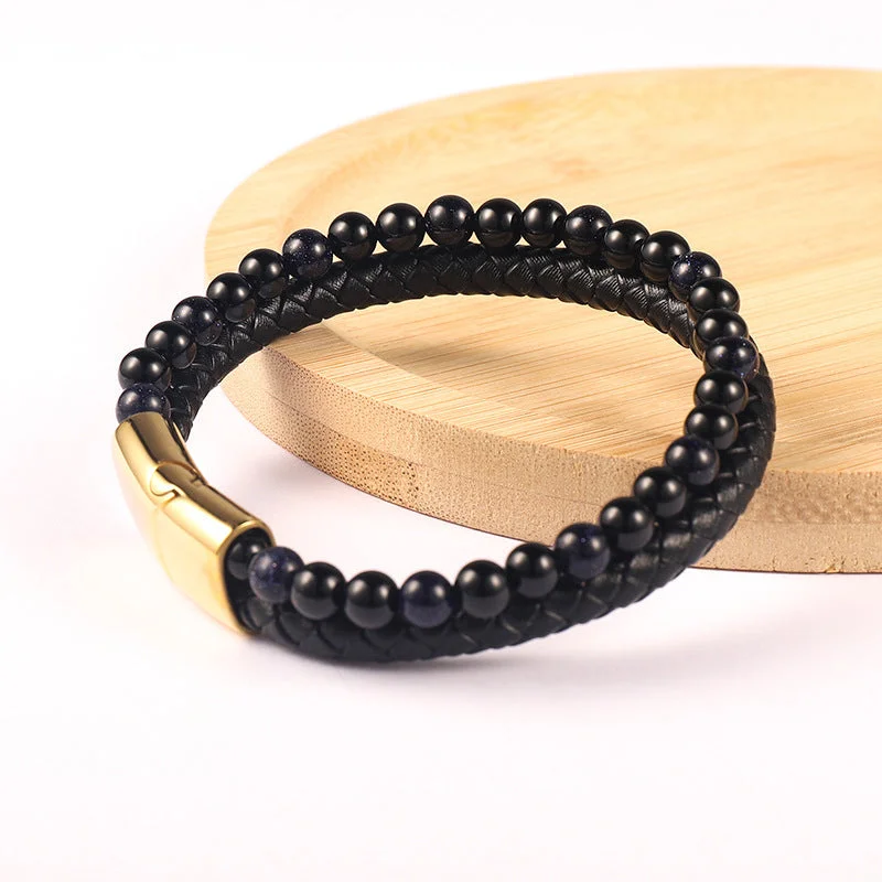 Genuine Leather Black Agate Bracelet