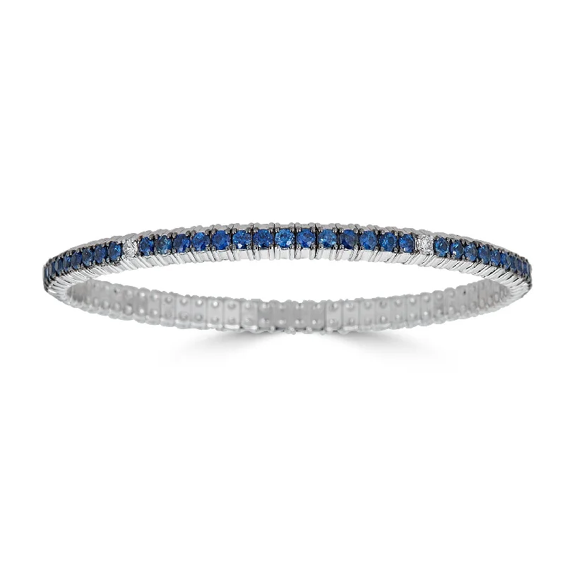 cuff bangles with stones for women -White Gold Stretch Bracelet with Blue Sapphires