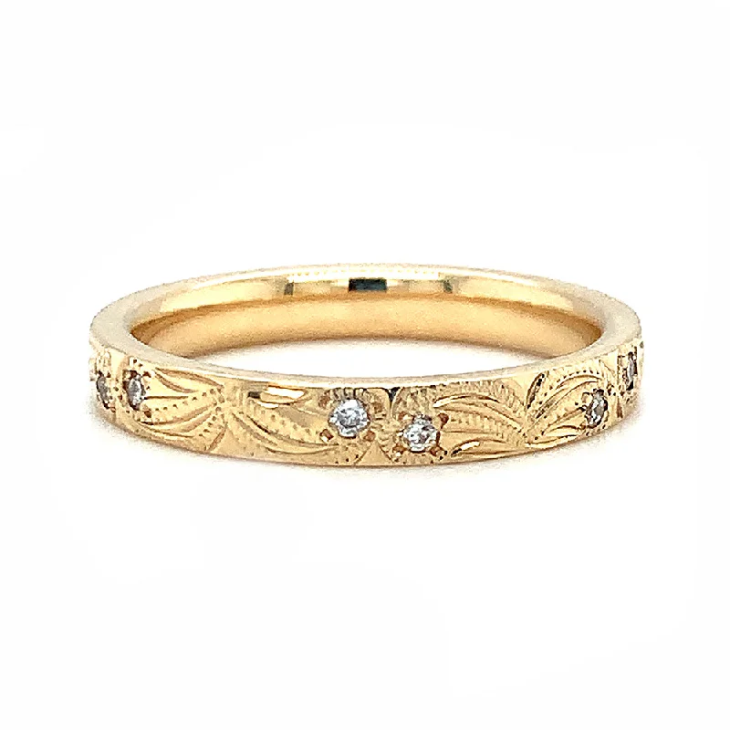 large stone engagement rings for women -Yellow Gold & Diamond Engraved Band - "Lily"