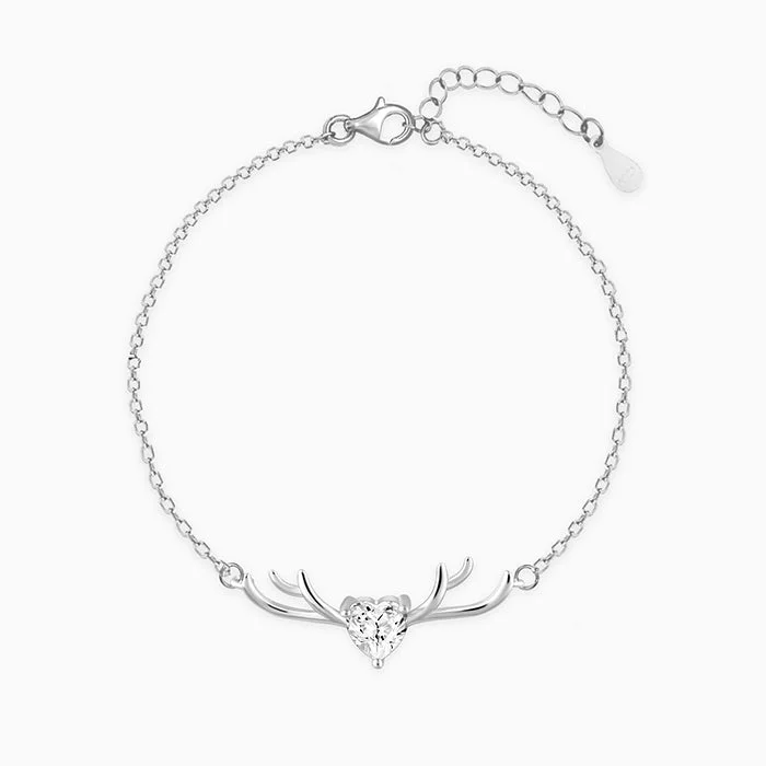 cuff bracelets for women -Silver Deer Heart Bracelet