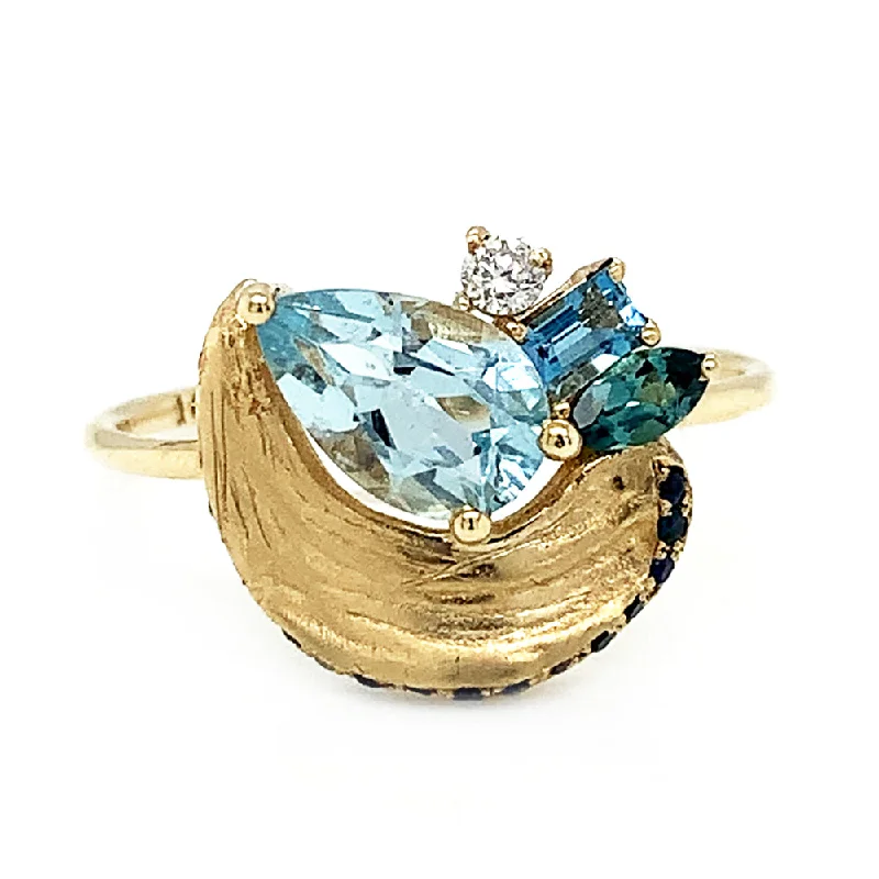 thick band engagement rings for women -Aquamarine, Sapphire, Blue Topaz, Tourmaline & Diamond Ring - "Impasto Lagoon"