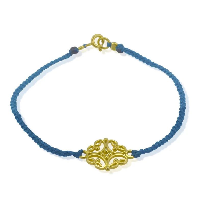 ruby bracelets for women -Gold Plated Sterling Silver and Cord Bracelet - Blue