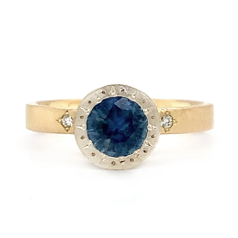 unique diamond engagement rings for women -Montana Sapphire & Diamond Two-Tone Gold Engagement Ring - "Harmony Etched"