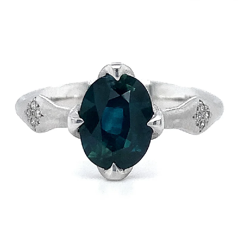 eco-friendly engagement rings for women -Oval Blue-Green Montana Sapphire & Diamond Engagement Ring - "Rosebud"