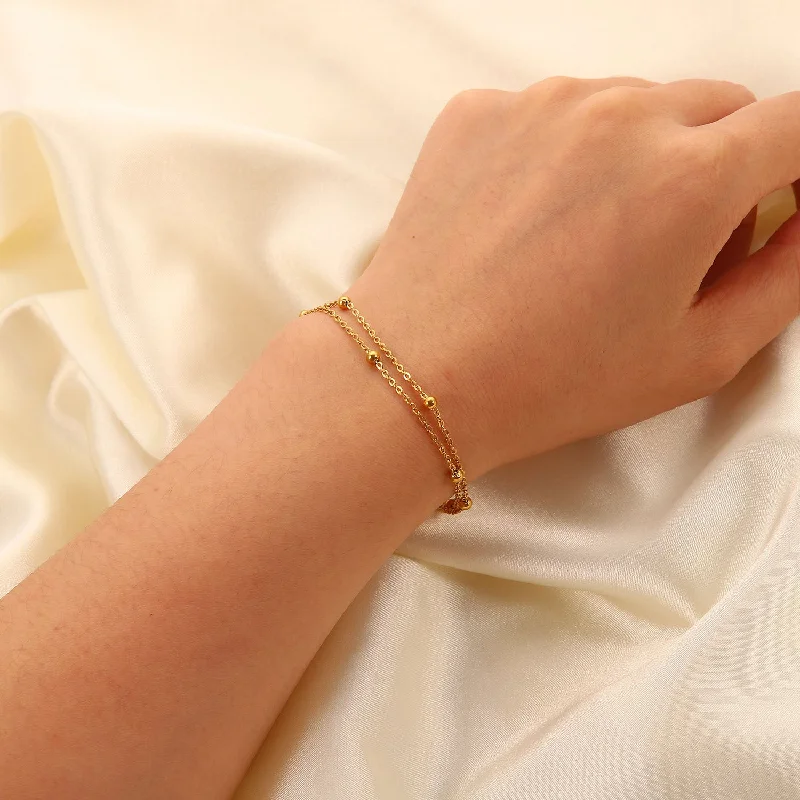 simple bracelets for women -Simple Stainless Steel 18k Gold Plated Bead Double-layer Chain Bracelet