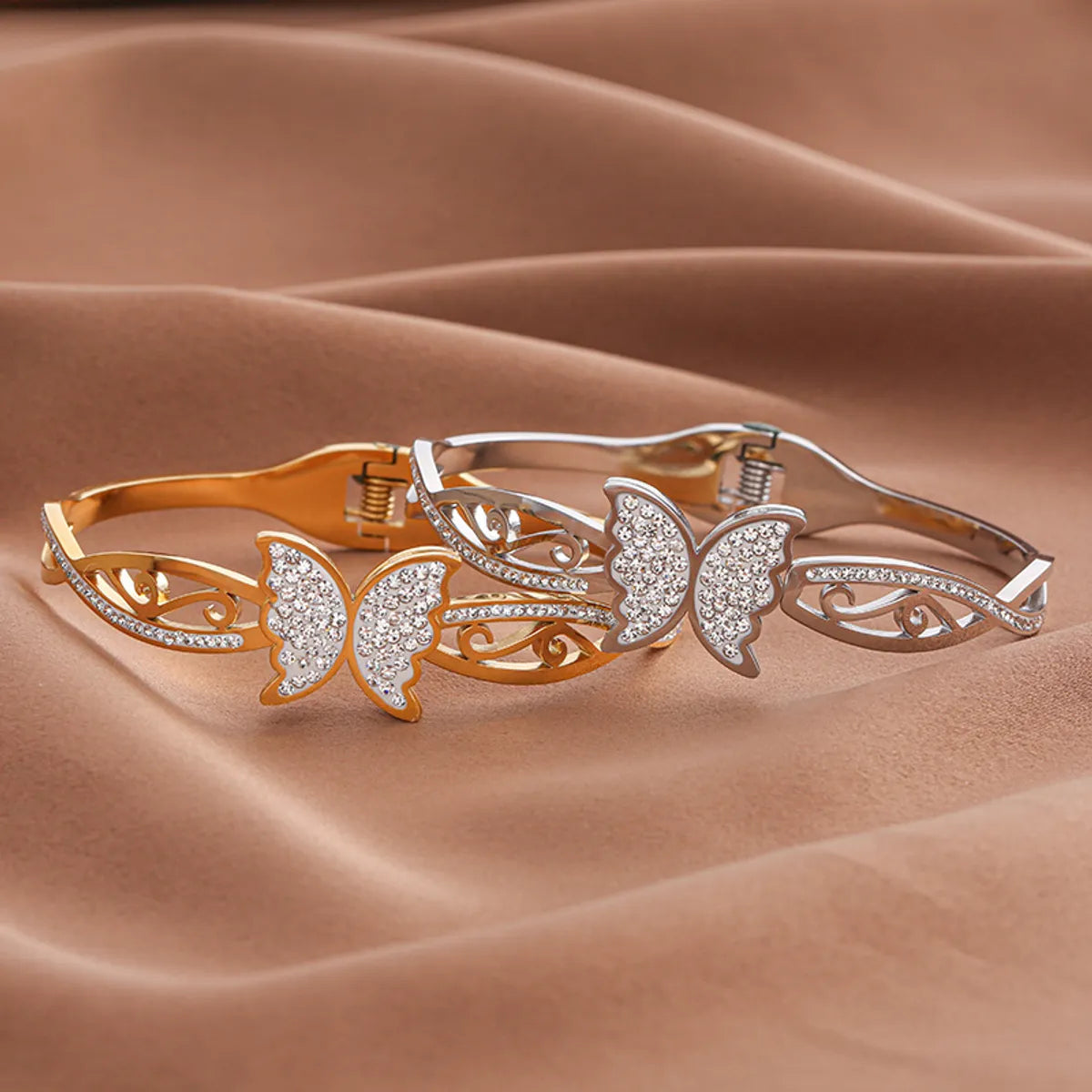 silver bracelets for women -Lady Butterfly Titanium Steel Plating Inlay Zircon Cuff Bracelets