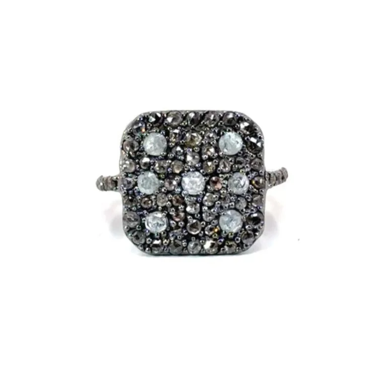 sapphire engagement rings for women -Pave Diamond Oxidized Silver Square Cushion Ring