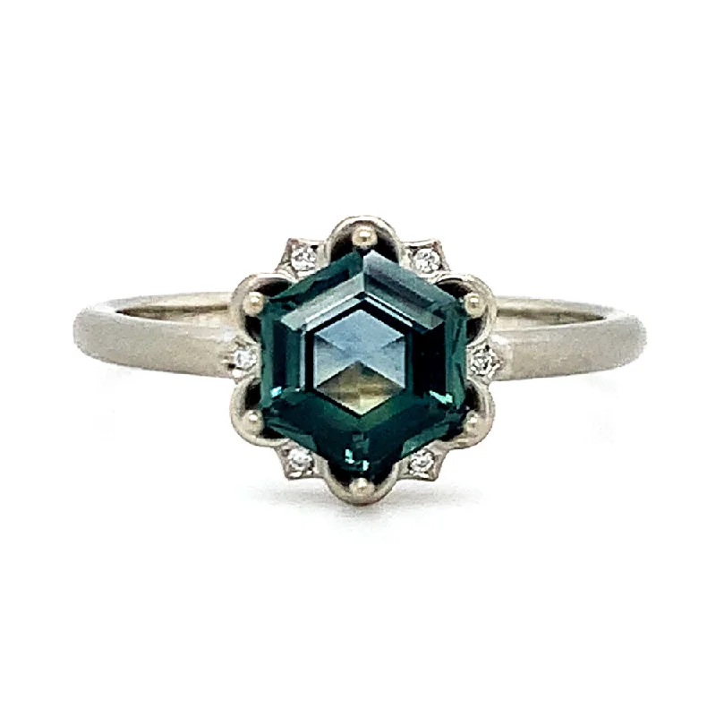 gemstone engagement rings for women -Hexagonal Montana Sapphire & Diamond Ring - "Celeste"